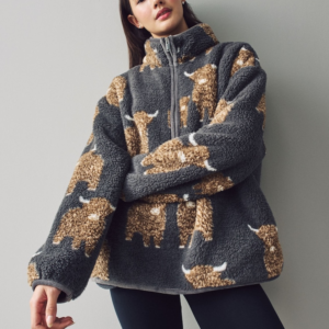 Charcoal Grey Hamish The Highland Cow Borg Zip Neck Fleece