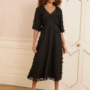 Love & Roses Black 3D Floral V-Neck Puff Sleeve Midi Dress
