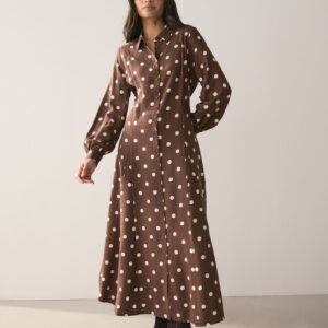 Chocolate Brown/Ecru Polka Dot Printed Long Sleeve Shirt Dress