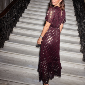 Friends Like These Red Foil Spot Short Sleeve Chiffon Tiered Maxi Dress