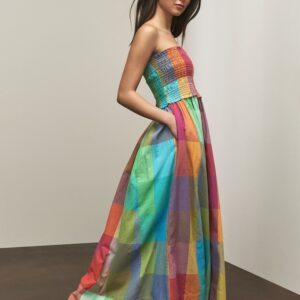 Multi Check Bandeau Shirred Body Midi Dress